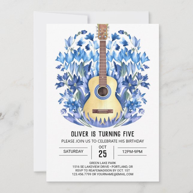 Invitación Watercolor Chord Guitar Boy Cumpleaños (Anverso)