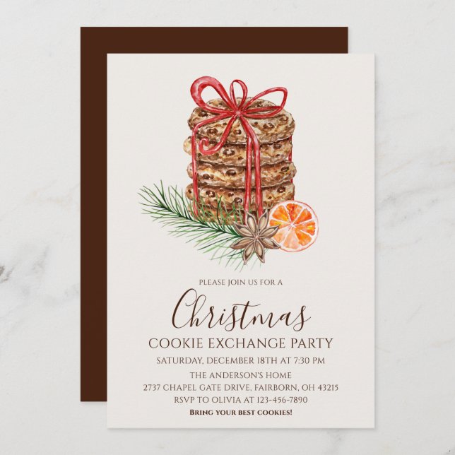 Invitación Watercolor Christmas Cookies Exchange Party (Anverso / Reverso)