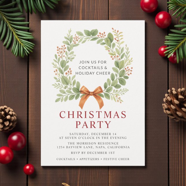 Invitación Watercolor Christmas Party Red Bow Wreath  (Subido por el creador)