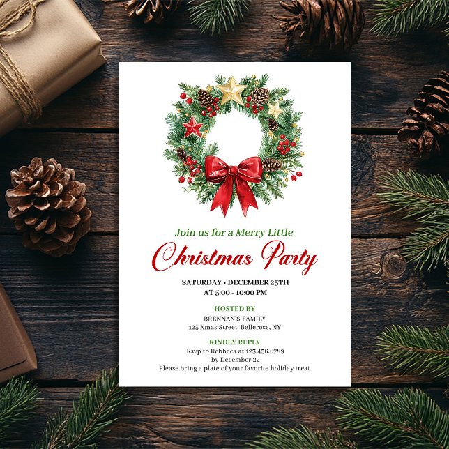 Invitación Watercolor Christmas Wreath Holiday Party Card (Watercolor Christmas Wreath Holiday Party Card)