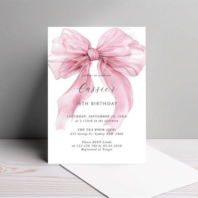 Invitación Watercolor Cinta Rosa Bow 16º cumpleaños (Subido por el creador)