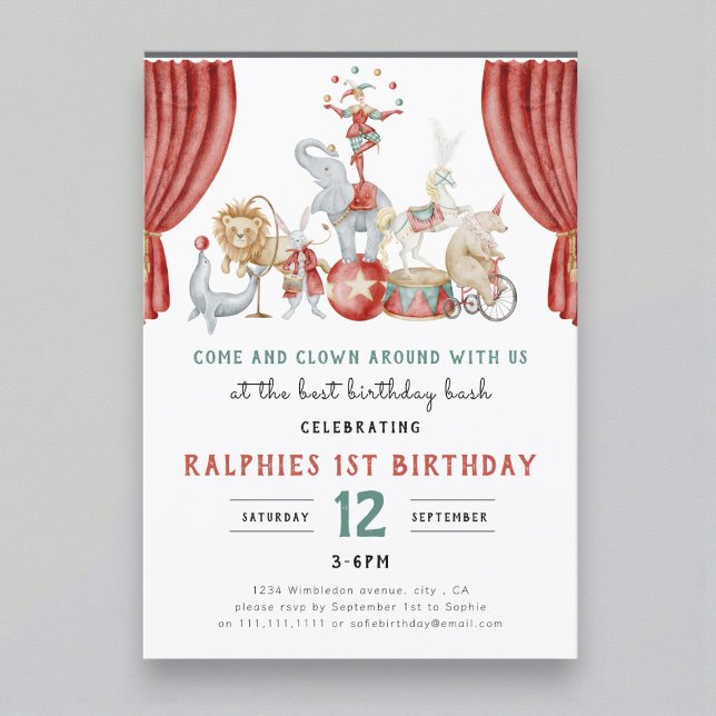 Invitación Watercolor Circus Elephant First Birthday (Subido por el creador)