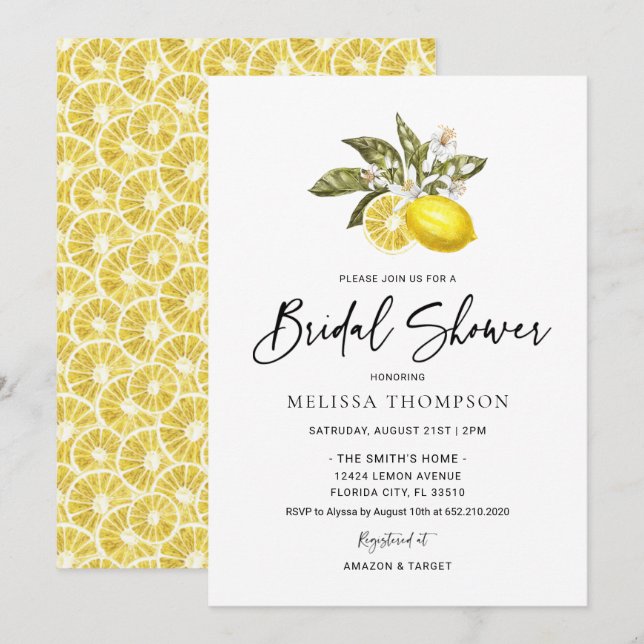 Invitación Watercolor Citrus Lemon Bridal Shower (Anverso / Reverso)