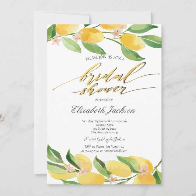 Invitación Watercolor Citrus Lemons Bridal Shower (Anverso)
