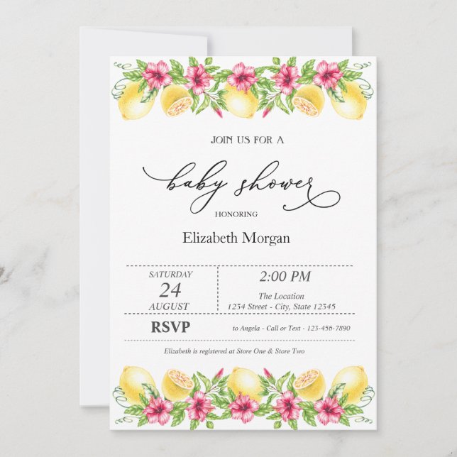 Invitación Watercolor Citrus Lemons Hibiscus Baby Shower (Anverso)
