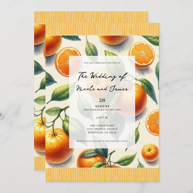 Invitación Watercolor Citrus Naranja deja Boda (Anverso / Reverso)
