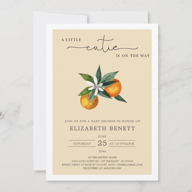 Invitación Watercolor Clementine Citrus Naranja Baby Shower (Anverso)