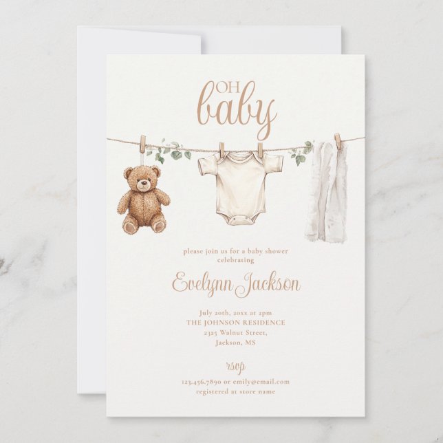 Invitación Watercolor Clothesline Neutral Baby Shower (Anverso)