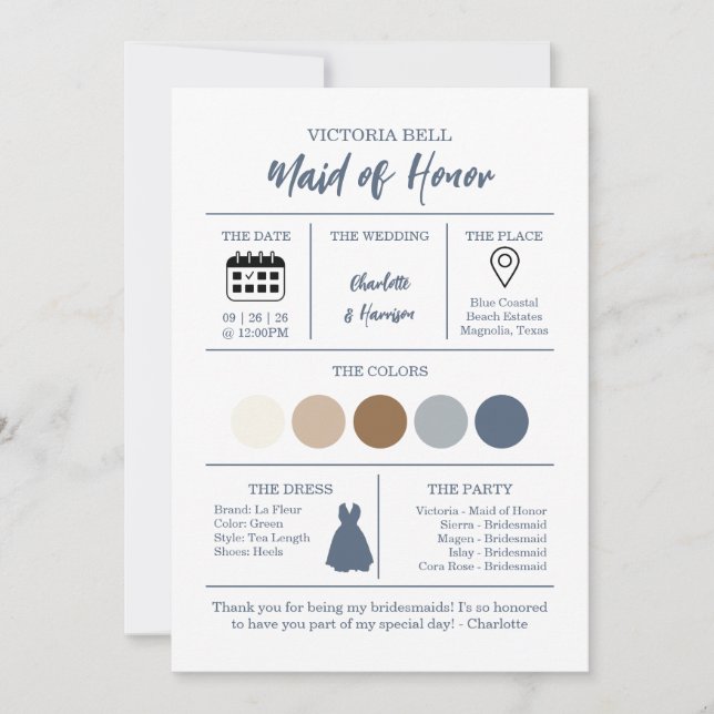 Invitación Watercolor Coastal Bridesmaid Information Card (Anverso)