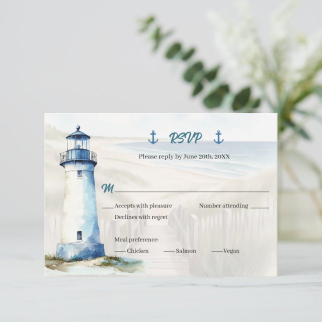 Invitación Watercolor Coastal New England Wedding RSVP Reply (Anverso de pie)