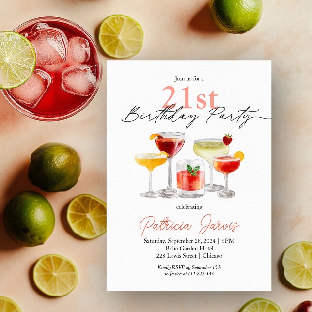 Invitación Watercolor Cocktail 21st Birthday Fiesta (Subido por el creador)