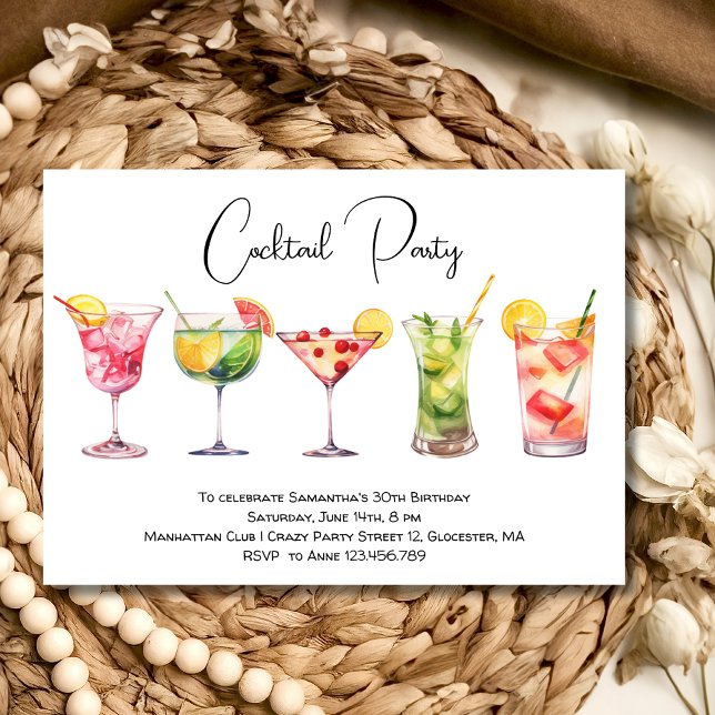Invitación Watercolor Cocktail fiesta de cumpleaños blanco (Subido por el creador)
