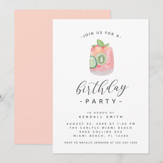Invitación Watercolor Cocktail fiesta de cumpleaños Minimalis (Anverso / Reverso)