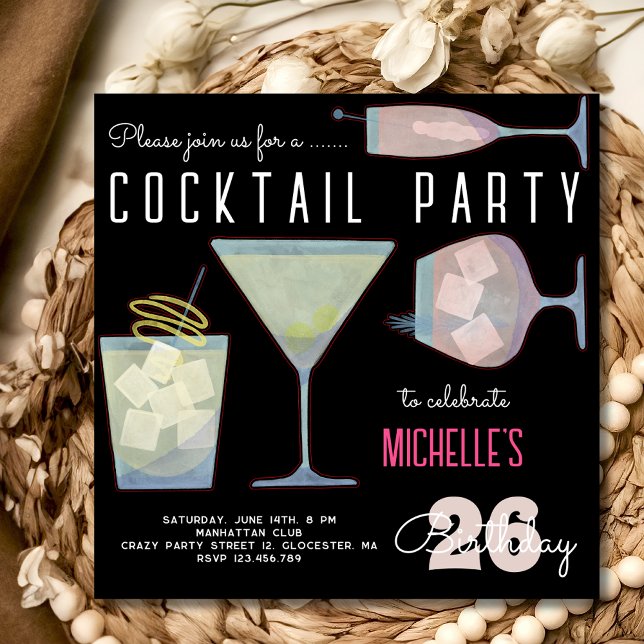 Invitación Watercolor Cocktail fiesta de cumpleaños negro (Subido por el creador)