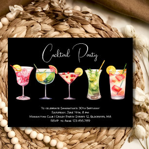 Invitación Watercolor Cocktail fiesta de cumpleaños negro