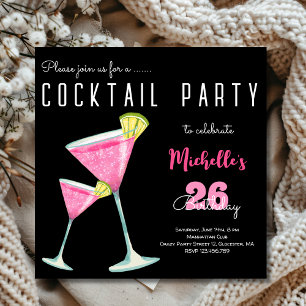 Invitación Watercolor Cocktail fiesta de cumpleaños negro