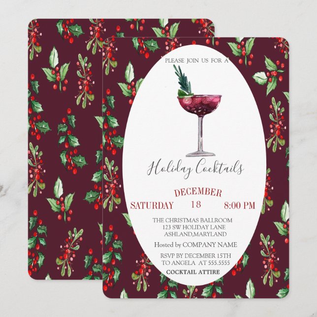 Invitación Watercolor Cocktail Holly Berry Navidades (Anverso / Reverso)