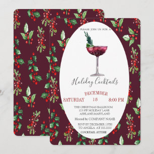 Invitación Watercolor Cocktail Holly Berry Navidades