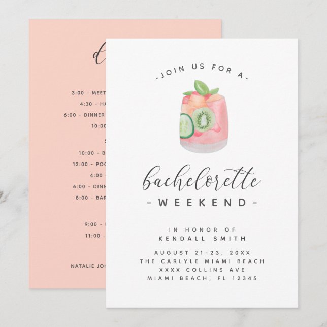 Invitación Watercolor Cocktail Minimal Bachelorette Weekend (Anverso / Reverso)