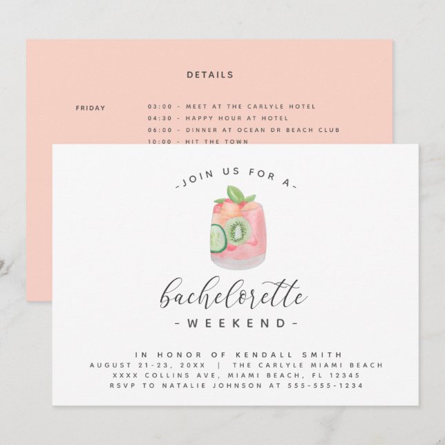 Invitación Watercolor Cocktail Minimal Bachelorette Weekend (Anverso / Reverso)