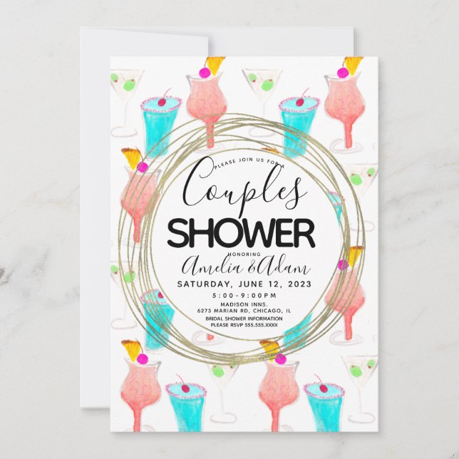 Invitación Watercolor Cocktail Pattern Parejas Ducha Invitat (Anverso)