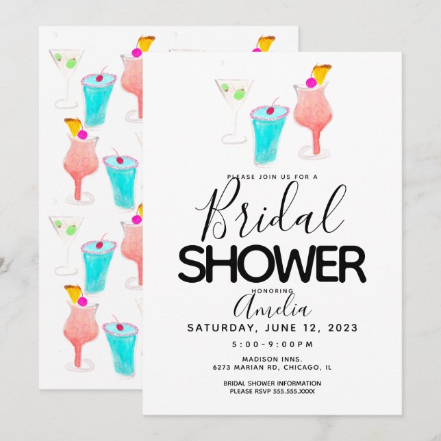 Invitación Watercolor Cocktail Pintado Bridal Shower Event (Anverso / Reverso)