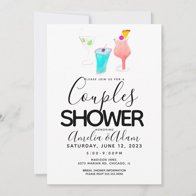 Invitación Watercolor Cocktail Pintado Parejas Ducha Evento (Anverso)