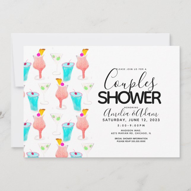 Invitación Watercolor Cocktail Pintado Parejas Ducha Evento (Anverso)