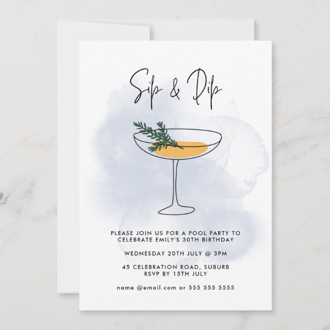 Invitación Watercolor Cocktail Pool Fiesta 30 cumpleaños (Anverso)