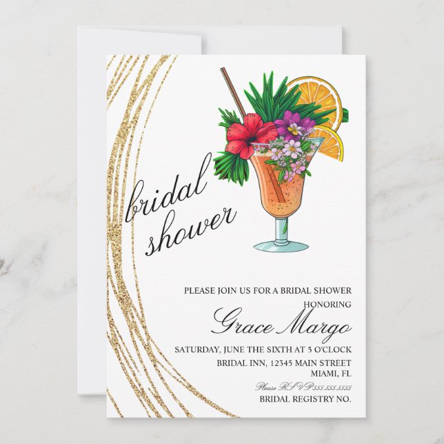 Invitación Watercolor Cocktail Purpurina Bridal Shower (Anverso)