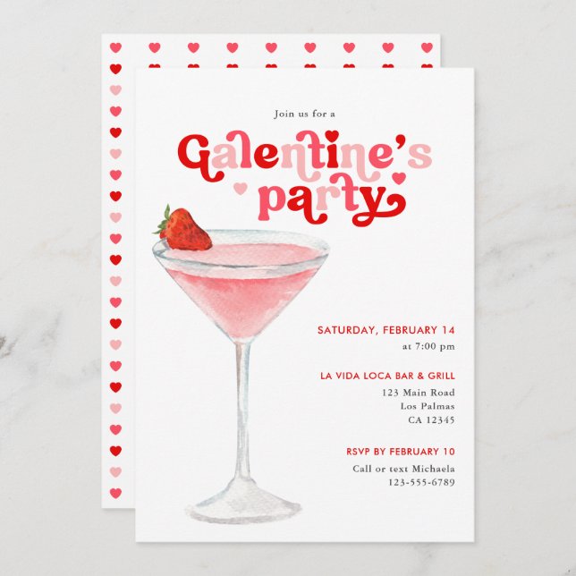 Invitación Watercolor Cocktail Retro Galentine's Day Party (Anverso / Reverso)