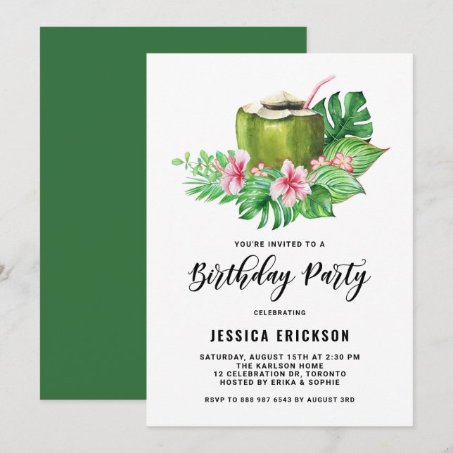 Invitación Watercolor Coconut Tropical Summer Birday Party (Anverso / Reverso)