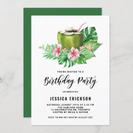 Invitación Watercolor Coconut Tropical Summer Birday Party