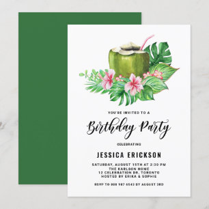 Invitación Watercolor Coconut Tropical Summer Birday Party