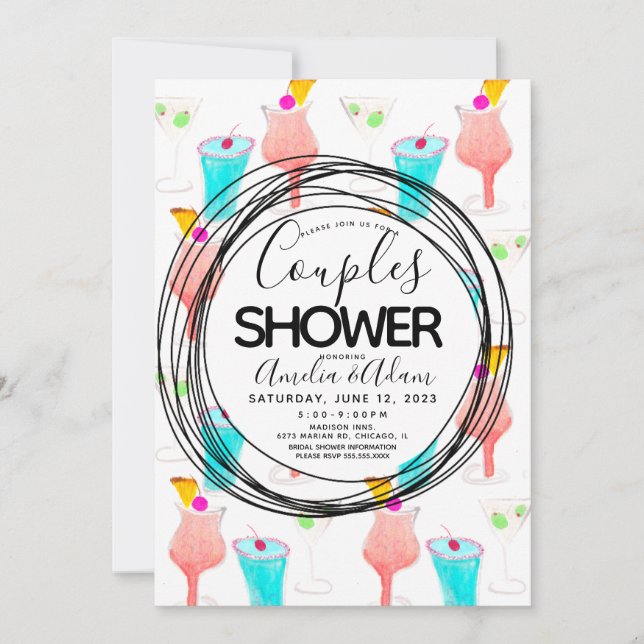 Invitación Watercolor Coctail Pattern Ducha Parejas (Anverso)