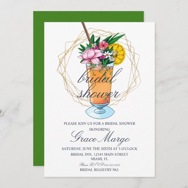 Invitación Watercolor Coctail Tropical Bridal Shower (Anverso / Reverso)