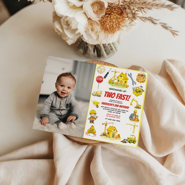 Invitación Watercolor Construction 2nd Birthday Party  (Watercolor Construction 2nd Birthday Party Invitation)