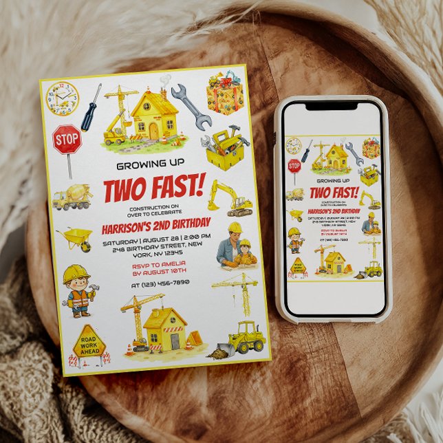 Invitación Watercolor Construction 2nd Birthday Party  (Watercolor Construction 2nd Birthday Party Invitatio)