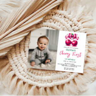 Invitación Watercolor Coquette Cherry 1º cumpleaños