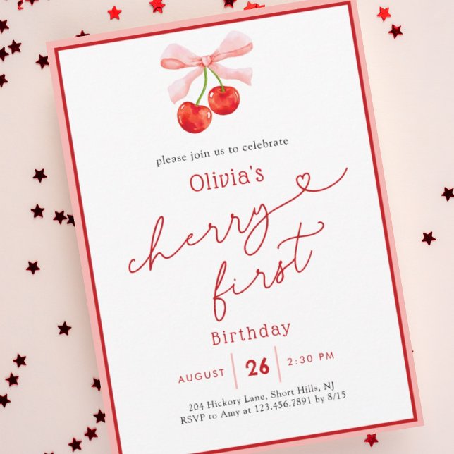 Invitación Watercolor Coquette Cherry Primer Cumpleaños (Subido por el creador)