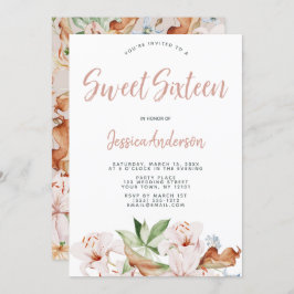 Invitación Watercolor Cora Rubor Floral Rosa Sweet Dieciséis
