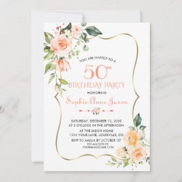 Invitación Watercolor Coral Floral Gold Frame 50 cumpleaños