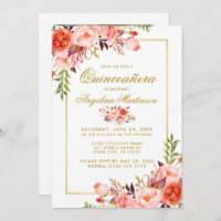 Watercolor Coral Floral Quinceanera Gold Photo