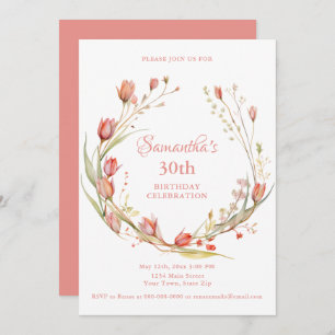 Invitación Watercolor Coral Tulips 30 Fiesta de cumpleaños