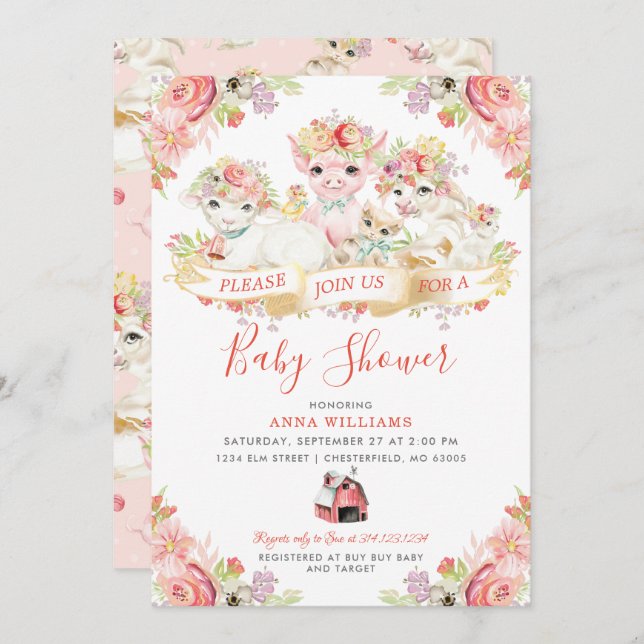 Invitación Watercolor Country Farm Animals Baby Shower (Anverso / Reverso)
