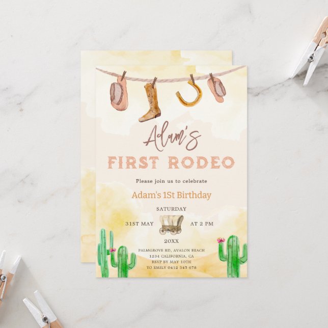 Invitación Watercolor Cowboy Neutral Southern First Birday (Anverso/Reverso In Situ)