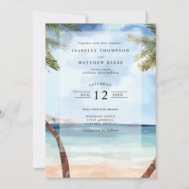 Invitación Watercolor Cozumel Tropical Beach Wedding (Anverso)