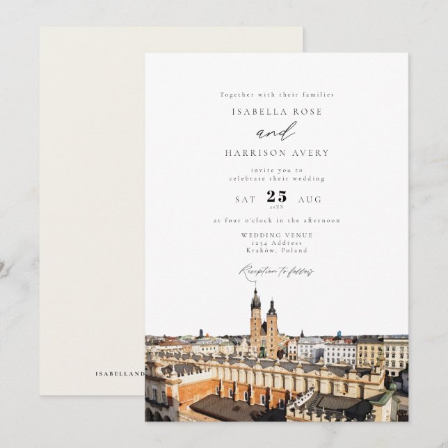Invitación Watercolor Cracovia Boda de los edificios de la lí (Anverso / Reverso)