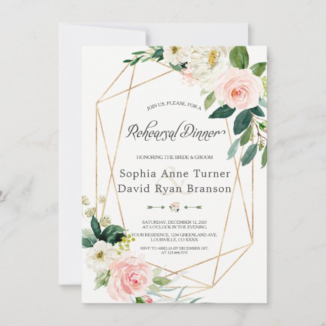 Invitación Watercolor Crema rosa Floral Gold Cena (Anverso)