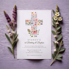 Invitación Watercolor Cruz de Flor Silvestre Primer Bautismo